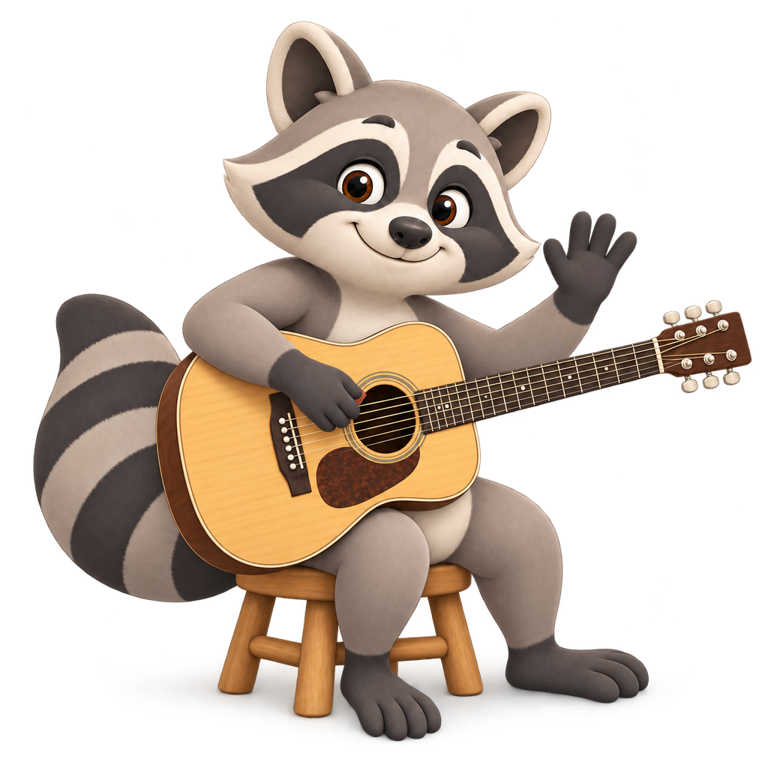 Rocco the raccoon waving with his guitar